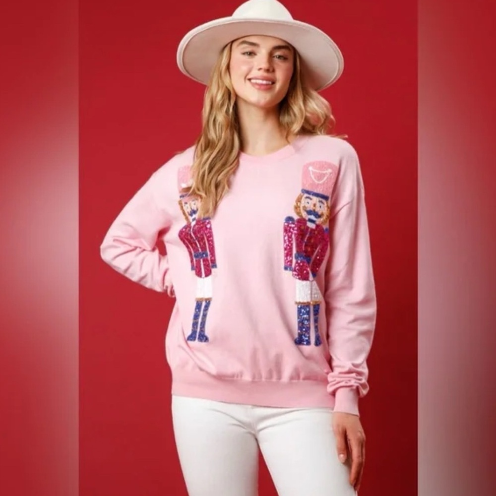 Fantastic Fawn Pink Sequin Nutcracker Christmas Holiday Sweater Boutique Size XL